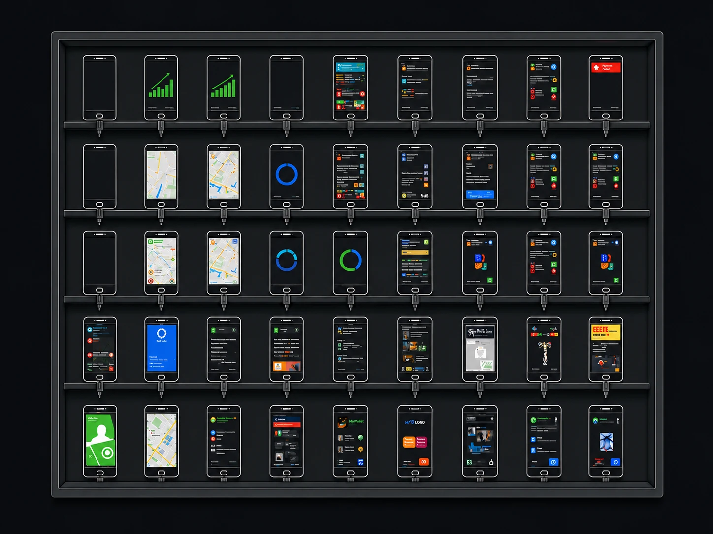 Farmly device farm — a grid of Android and iOS phones running tests in parallel
